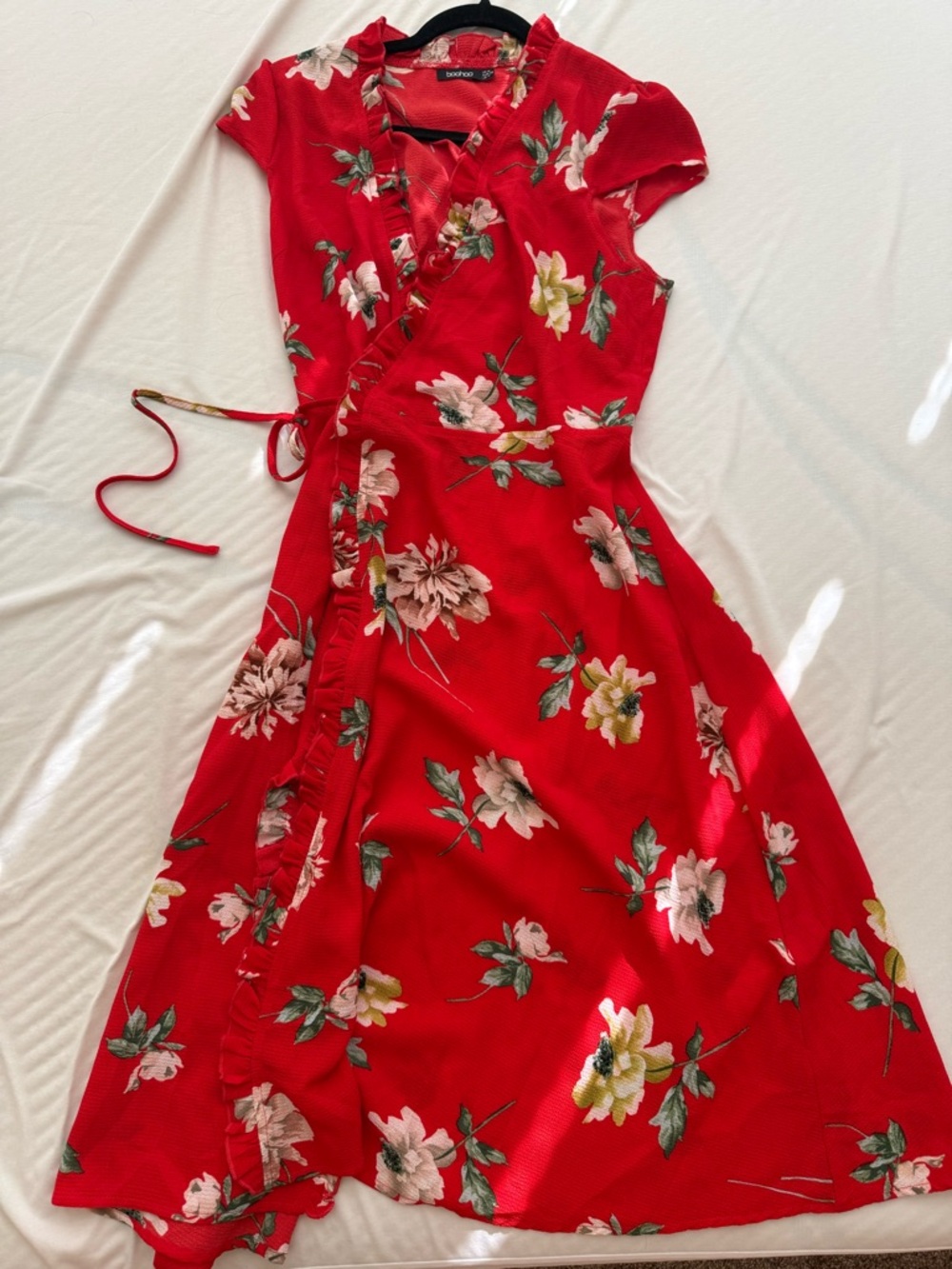 Boohoo Red Floral Wrap Midi Dress